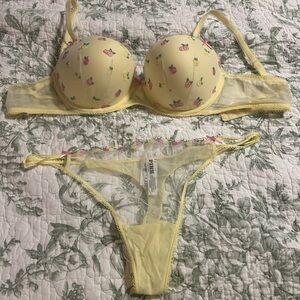 PINK Victoria's Secret Yellow Embroidered Cherry Floral Bra & Thong